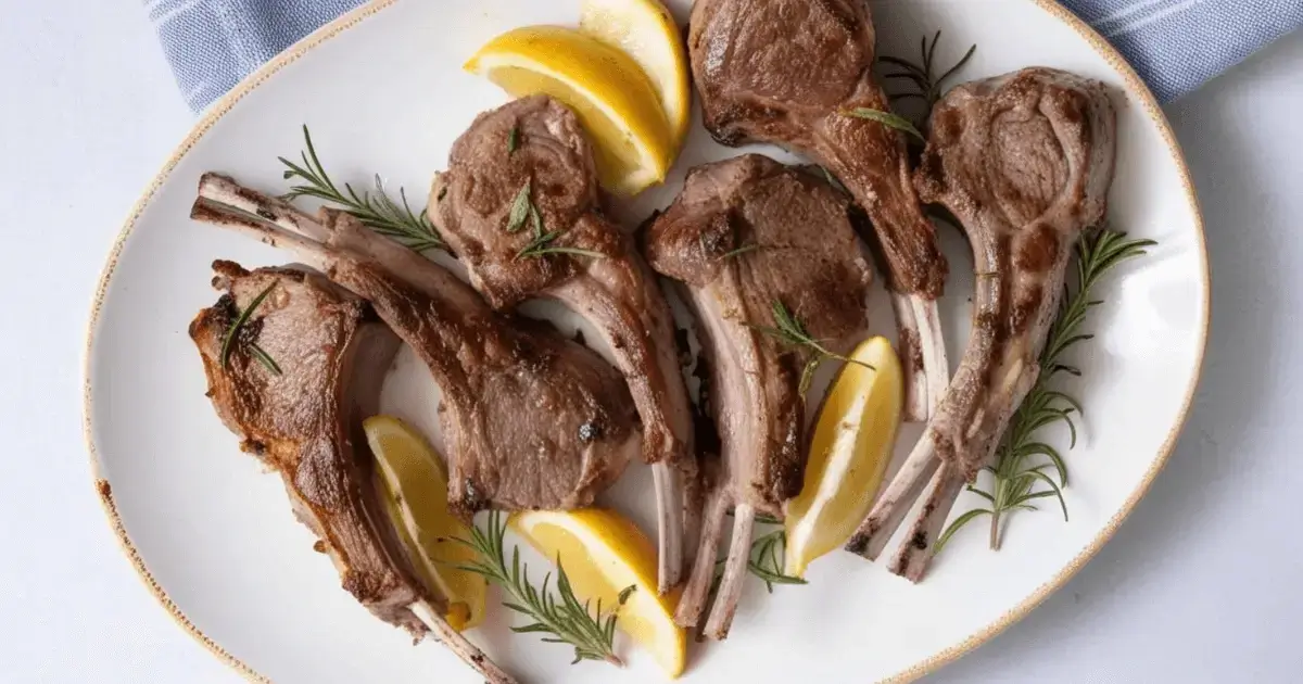 Golden-brown oven-baked lamb chops garnished with rosemary and served with lemon wedges.