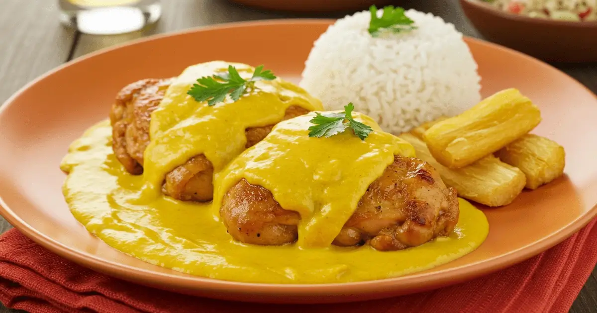 Plated Churu Chicken Amarillo with rice, yuca fries, and a drizzle of yellow sauce.