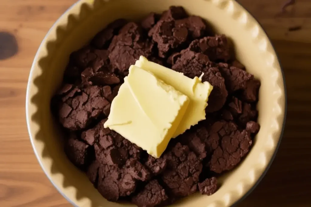 Crumbled chocolate cookies and butter slices in a pie dish, ready to be mixed for a mud pie crust preparation.