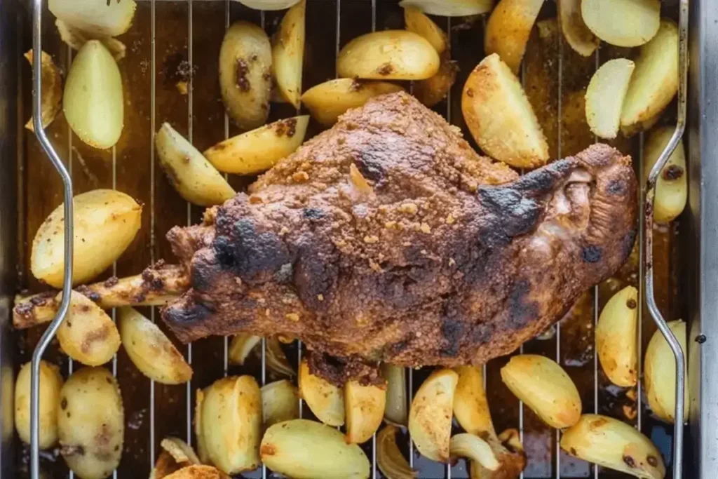 A leg of lamb roasting in the oven, surrounded by golden-brown potatoes and onions.