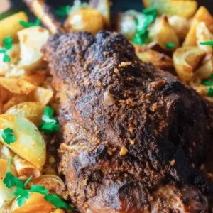 A beautifully roasted leg of lamb with a crispy crust, served with roasted potatoes and garnished with fresh parsley.