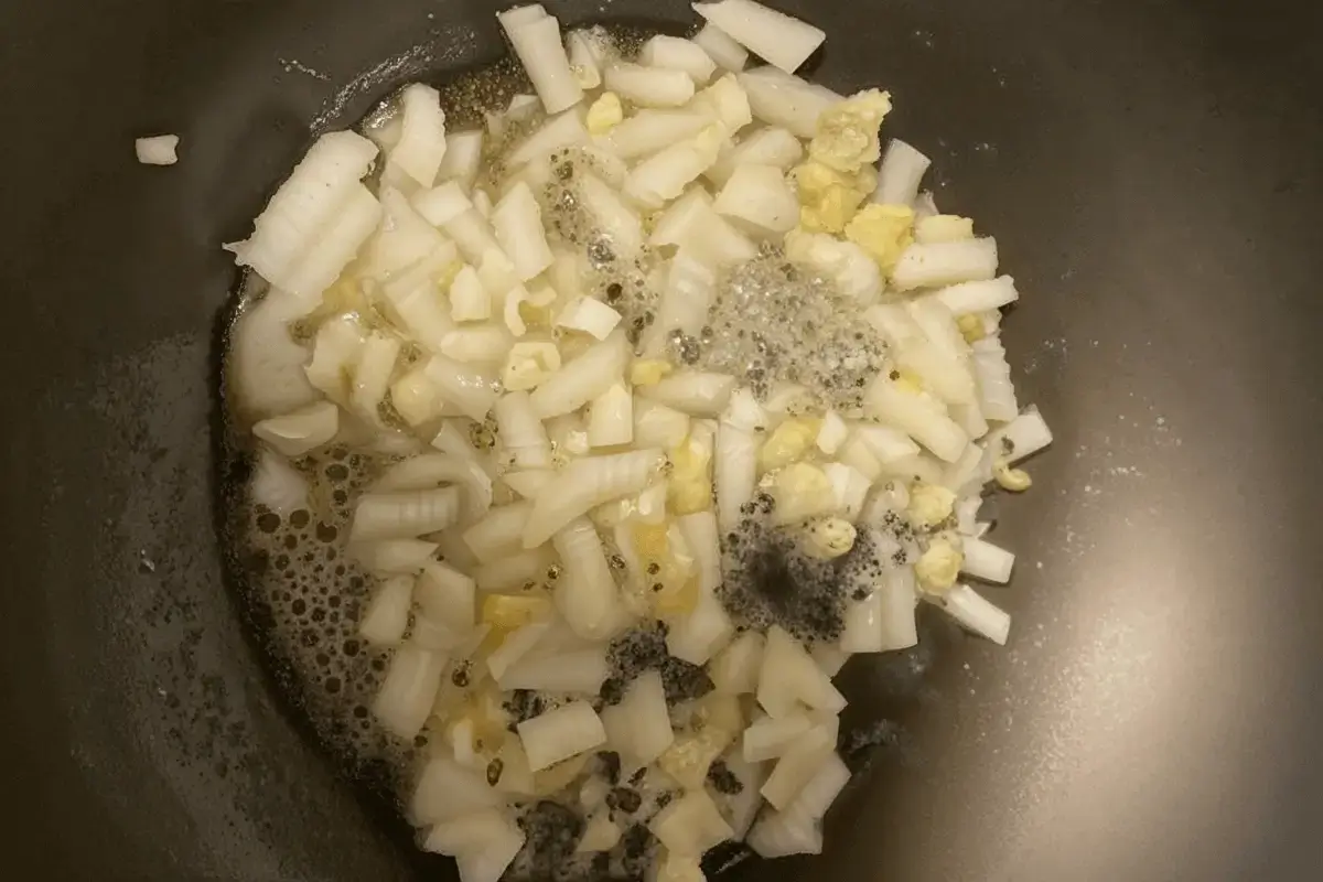 Chopped onions and minced garlic sautéing in a pan with butter.