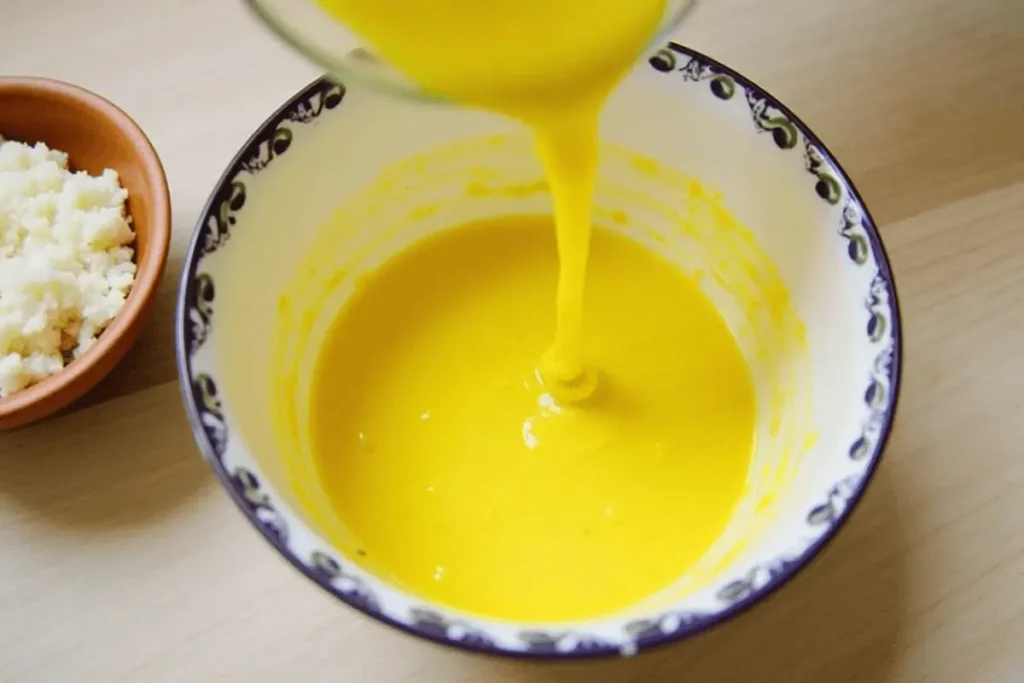 Vibrant yellow aji amarillo sauce being poured into a bowl.