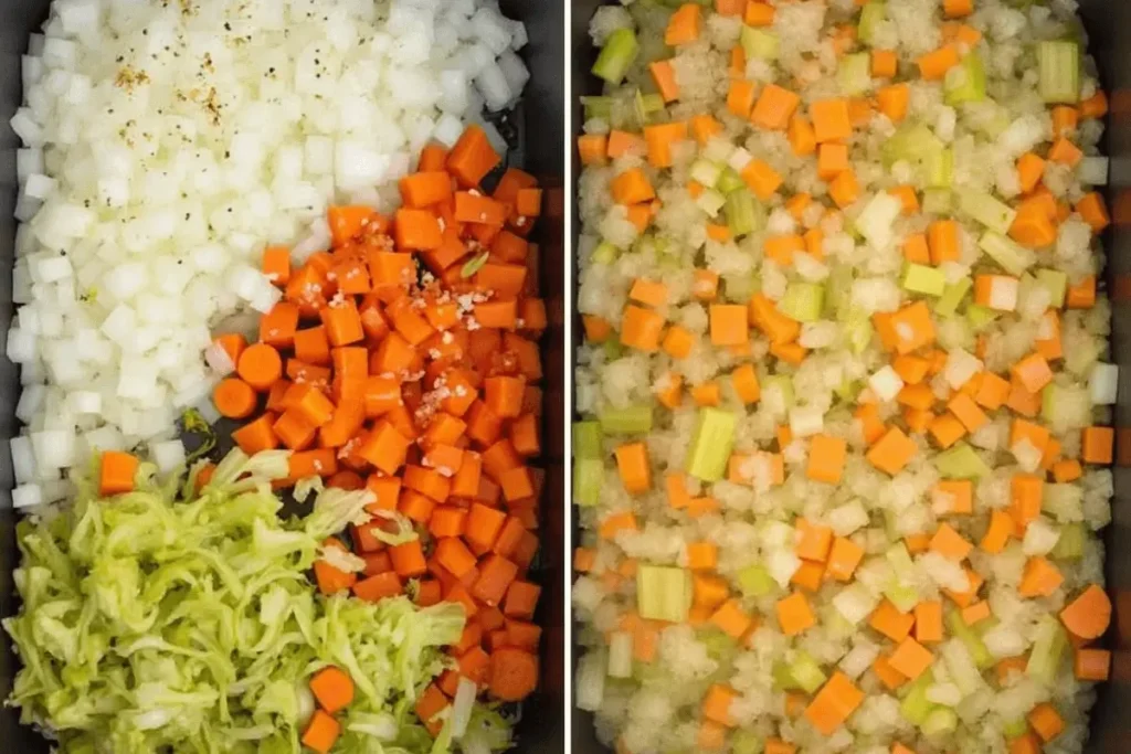 Finely chopped onions, carrots, celery, and garlic for the soffritto base of Lamb Ragu d’Abruzzo.