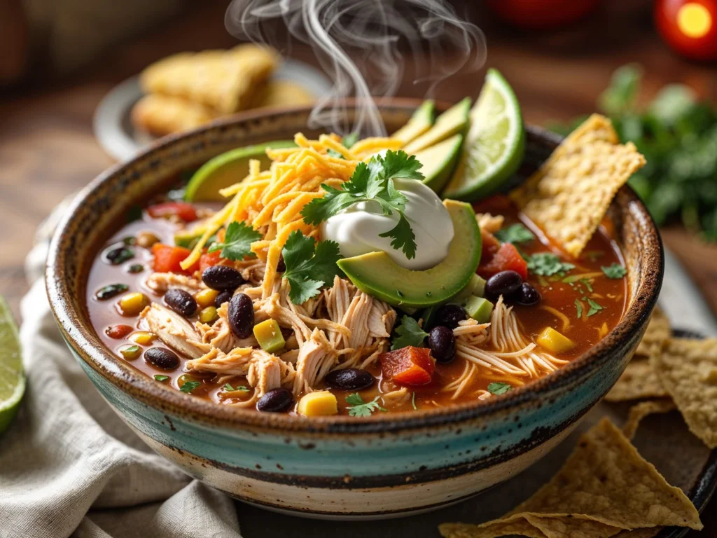 A steaming bowl of chicken taco soup topped with cheese, avocado slices, sour cream, and fresh cilantro, served with tortilla chips