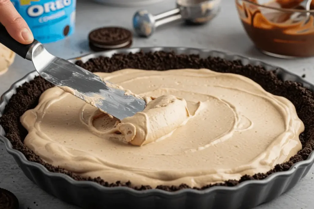 Spreading a creamy peanut butter filling onto an Oreo cookie crust in a pie dish using an offset spatula.