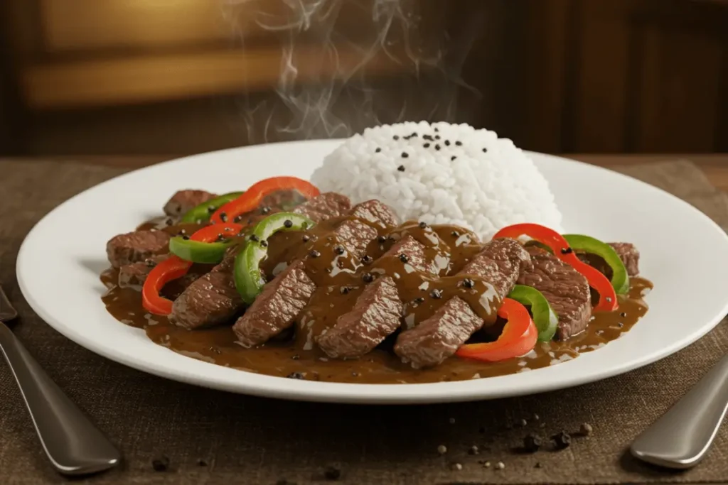 A plate of Jollibee-style Beef Pepper Steak with tender beef slices covered in a glossy, peppery sauce, accompanied by a mound of steamed white rice sprinkled with black pepper. Garnished with vibrant red and green bell peppers, the dish is served hot, with steam rising from the plate for a fresh, appetizing look.