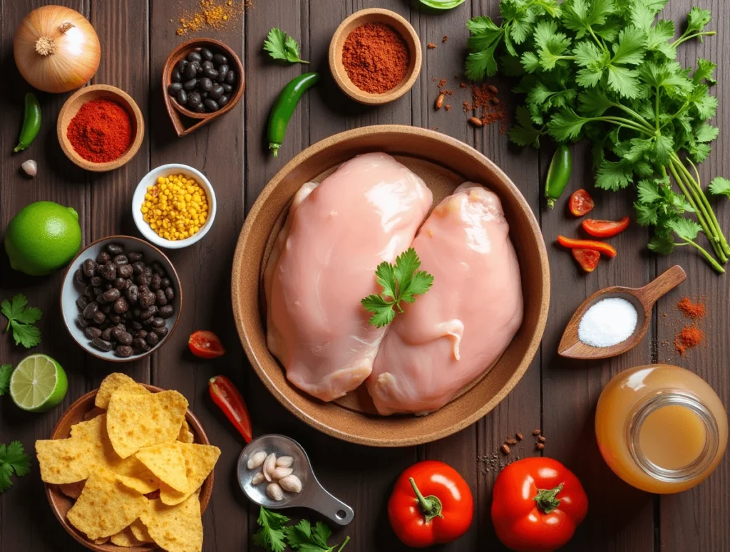 Ingredients for chicken taco soup, including raw chicken breasts, black beans, tomatoes, spices, and fresh herbs, neatly arranged on a wooden table