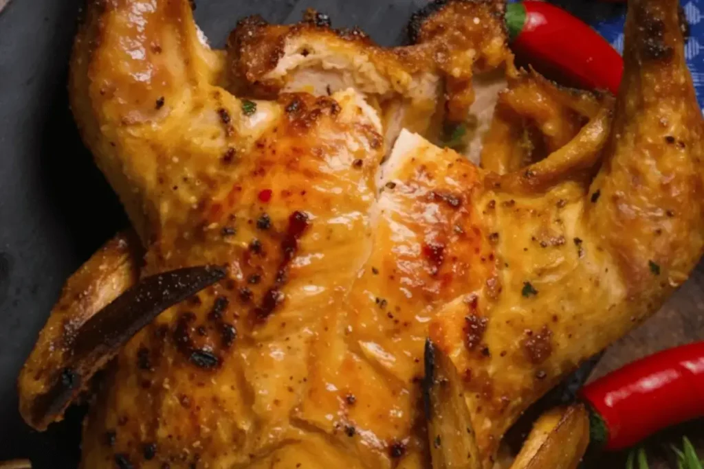 Close-up of grilled chicken with golden, slightly charred skin, marinated in a spicy red pepper Mexican seasoning, garnished with herbs.