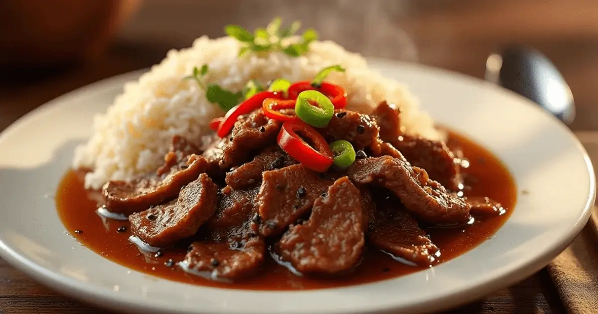 A plate of Jollibee-style Beef Pepper Steak served with steamed white rice. The tender slices of beef are coated in a rich, glossy pepper sauce, garnished with vibrant red and green chili slices, and freshly ground black pepper. Steam rises from the dish, adding a warm, appetizing touch.