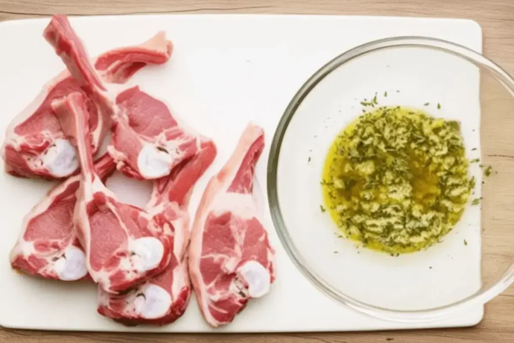 Raw lamb chops next to a glass bowl of marinade with olive oil, garlic, and herbs.