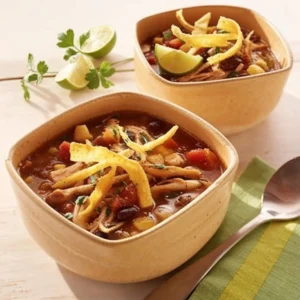 Two bowls of chicken taco soup topped with tortilla strips and lime wedges on a light wooden table.