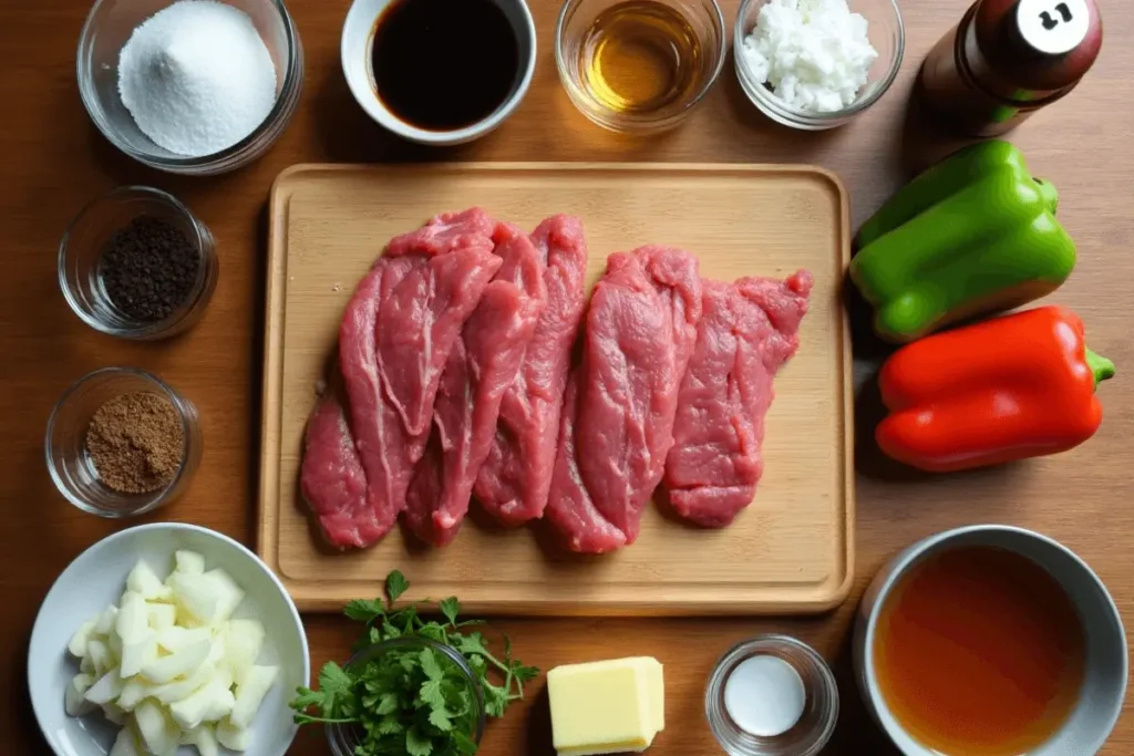 A neatly arranged flat lay of ingredients for Jollibee-style Beef Pepper Steak on a wooden table. The setup features fresh beef slices on a wooden cutting board, surrounded by small bowls containing soy sauce, black pepper, sugar, chopped onions, and beef broth. Bright red and green bell peppers, a block of butter, and a bunch of fresh parsley add color and freshness to the composition.