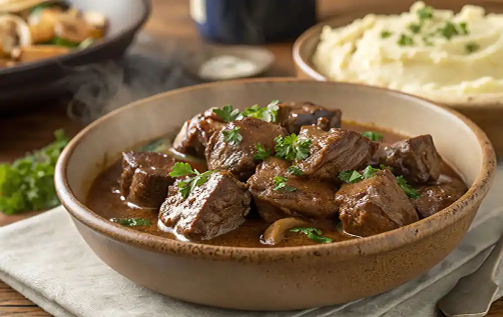 A bowl of classic No Peek Beef Tips, with tender beef cubes in a thick, savory brown gravy, served with mashed potatoes and garnished with parsley.