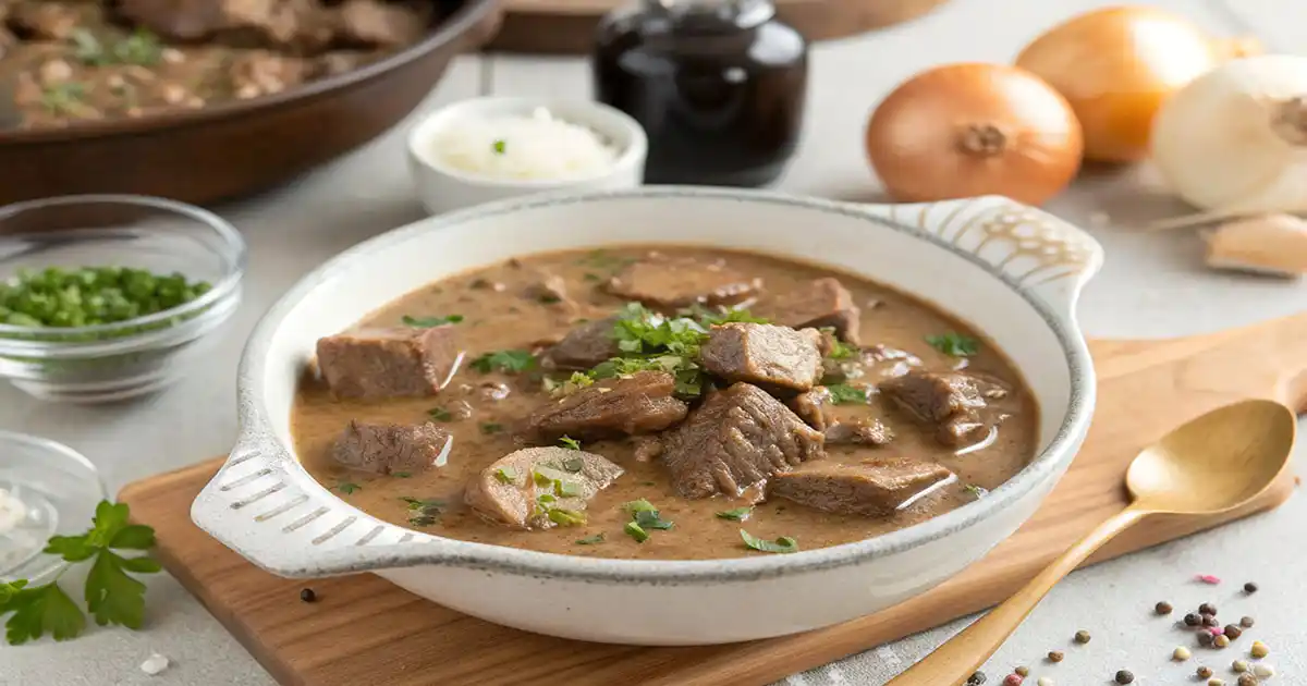 A serving of No Peek Beef Tips in a creamy mushroom sauce, garnished with parsley, presented in a rustic white ceramic bowl with fresh ingredients in the background.