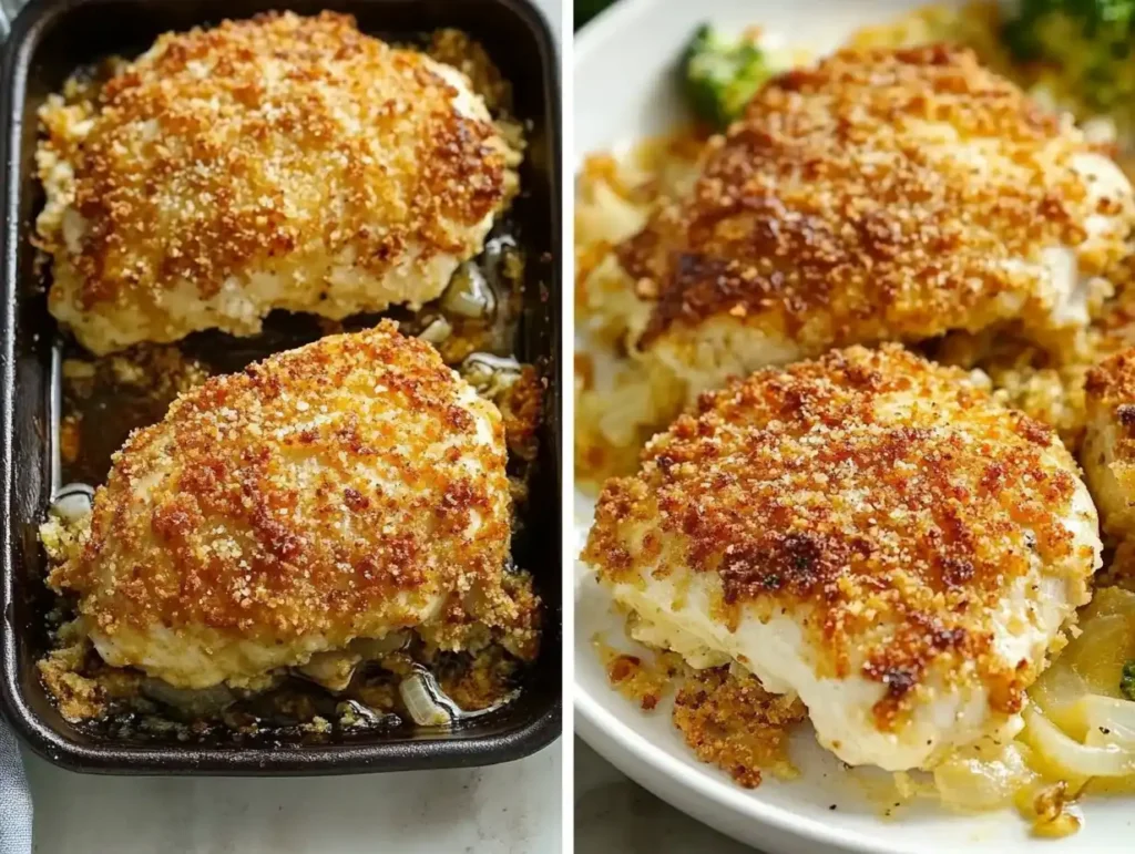 Two images of oven-baked chicken breasts with a crumbly parmesan topping, one on a baking tray and one plated