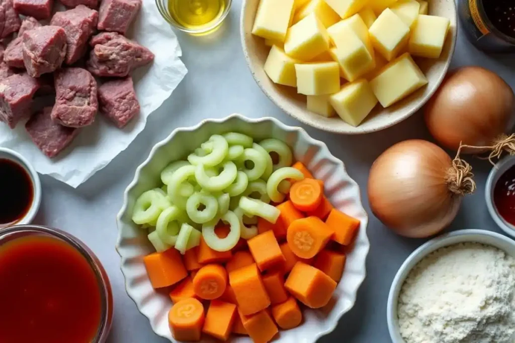 Chopped carrots, celery, potatoes, onions, cubed beef, and seasoning ingredients arranged on a table for Hawaiian beef stew.