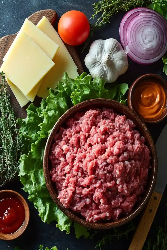  bowl of fresh Wagyu ground beef surrounded by sliced cheese, lettuce, tomato, red onion, garlic, and sauces on a dark surface.