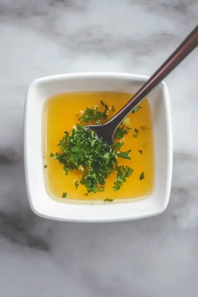 Bowl of melted butter with fresh herbs and garlic.