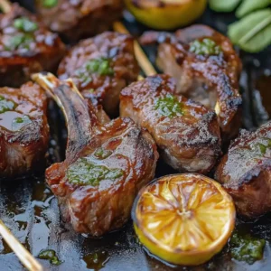 Beautifully seared lamb chops garnished with green herb drizzle and grilled lemon slices.