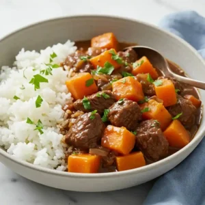 A bowl of Hawaiian beef stew with chunks of beef, carrots, and potatoes, served over rice and topped with fresh parsley.