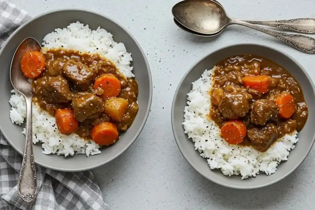 A bowl of Hawaiian beef stew with tender beef chunks, carrots, and potatoes in a rich brown gravy, served over white rice.