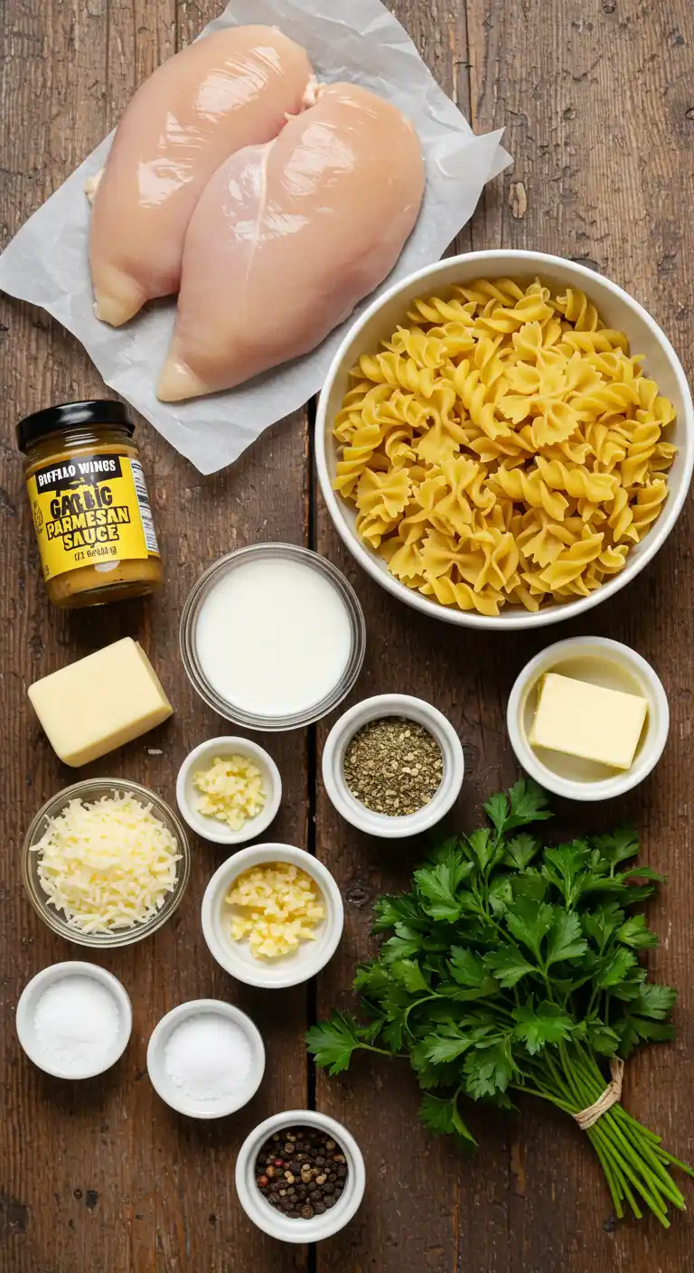 A top-down view of raw chicken breasts, bowtie pasta, Buffalo Wild Wings Garlic Parmesan Sauce, heavy cream, butter, parmesan cheese, minced garlic, Italian seasoning, salt, black pepper, and fresh parsley on a rustic wooden surface.