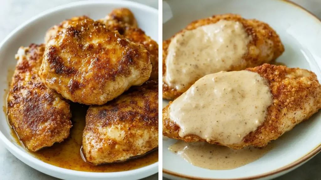 Two photos side by side: on the left, browned chicken pieces in a plate; on the right, chicken breasts topped with a creamy sauce