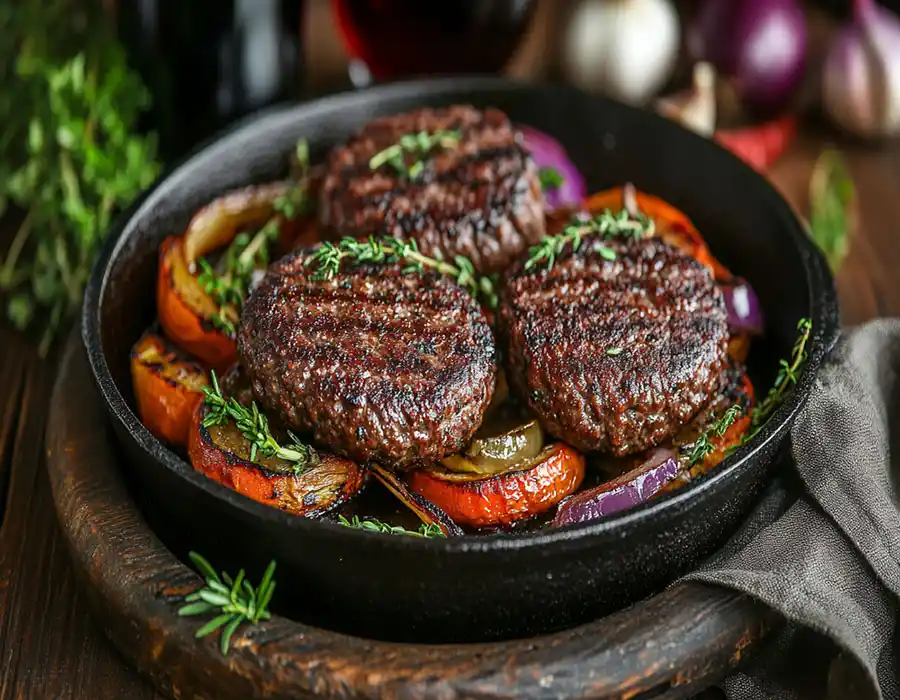 grilled Wagyu beef patties in a cast iron skillet with roasted tomatoes, onions, and fresh herbs.