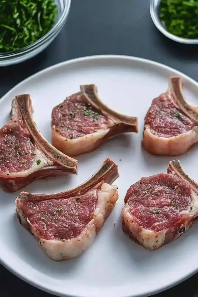 Raw lamb chops seasoned with herbs and spices on a white plate.