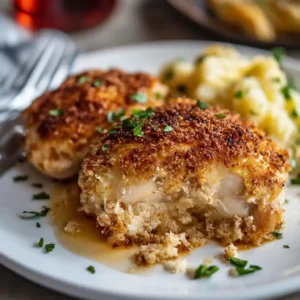A piece of parmesan-crusted chicken sliced in half, showing a juicy interior and crispy topping
