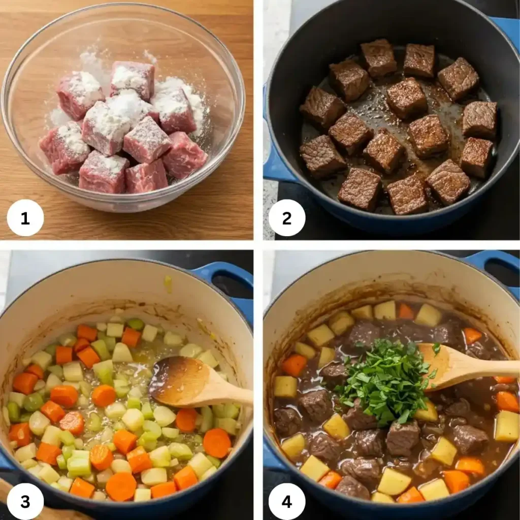 A four-step cooking process showing beef preparation, searing, sautéing vegetables, and simmering the stew with fresh herbs.