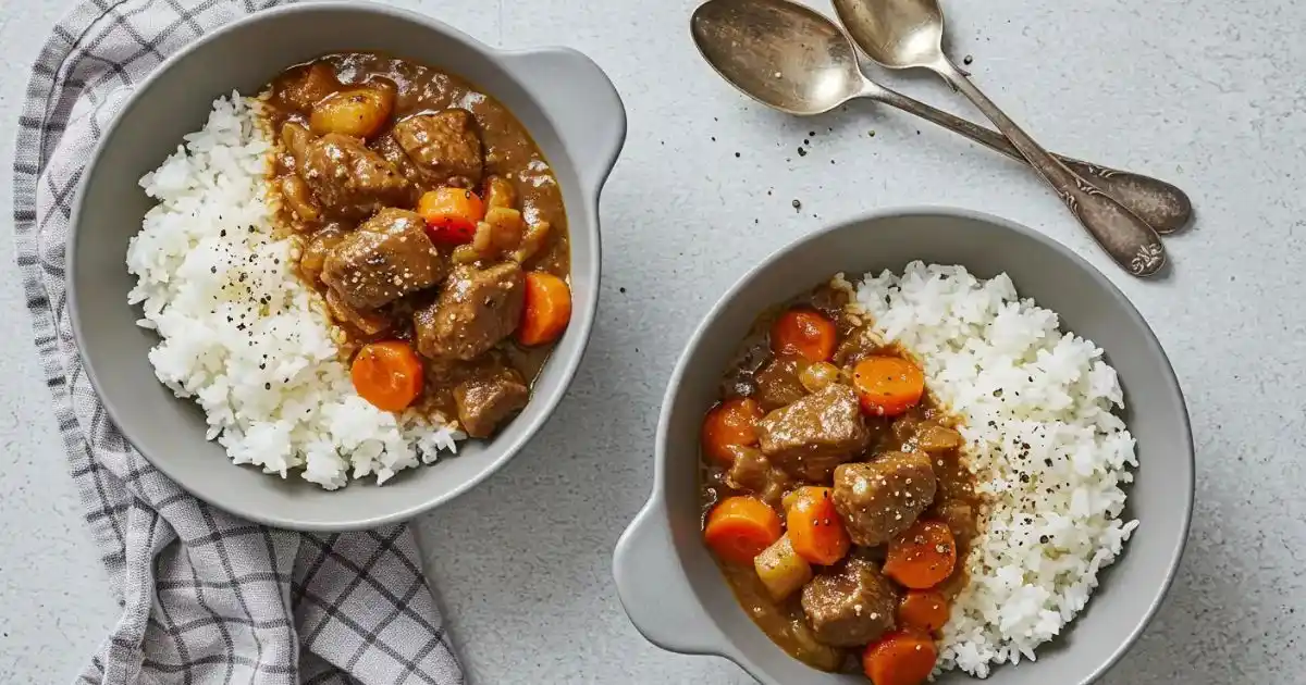 Two gray bowls filled with Hawaiian beef stew and rice, garnished with black pepper, with vintage spoons on the side.