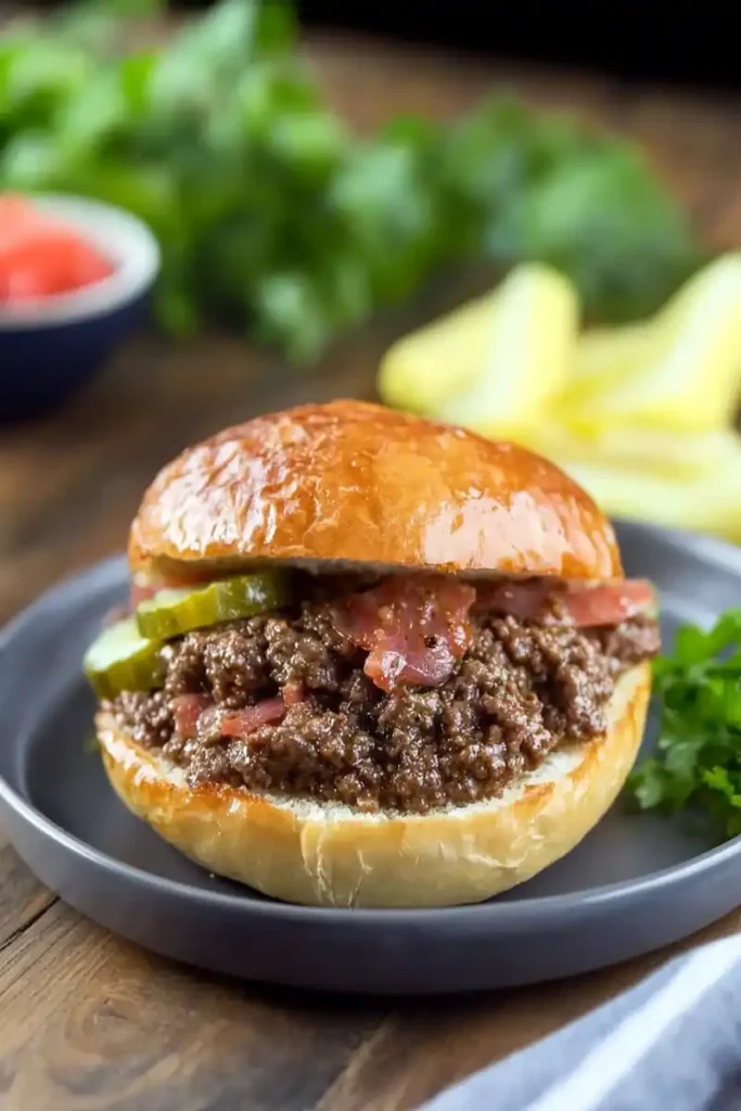 A rich and juicy Wagyu sloppy joe served on a toasted brioche bun with pickles and tomato slices.