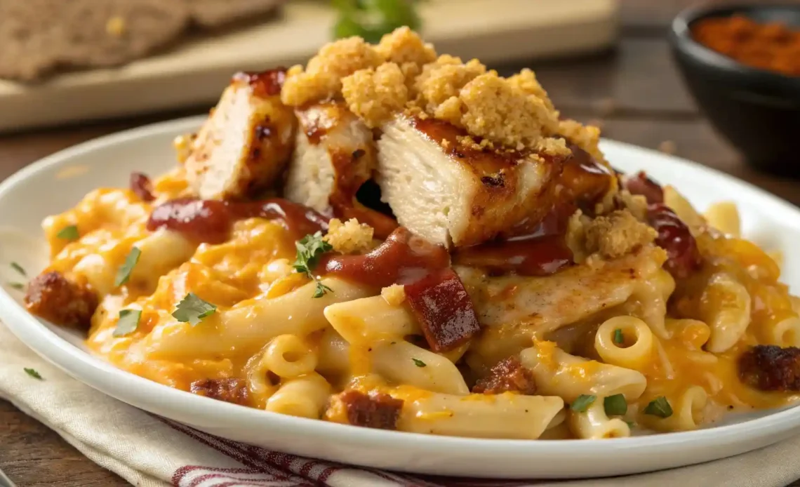 BBQ Chicken Mac and Cheese served in white plate