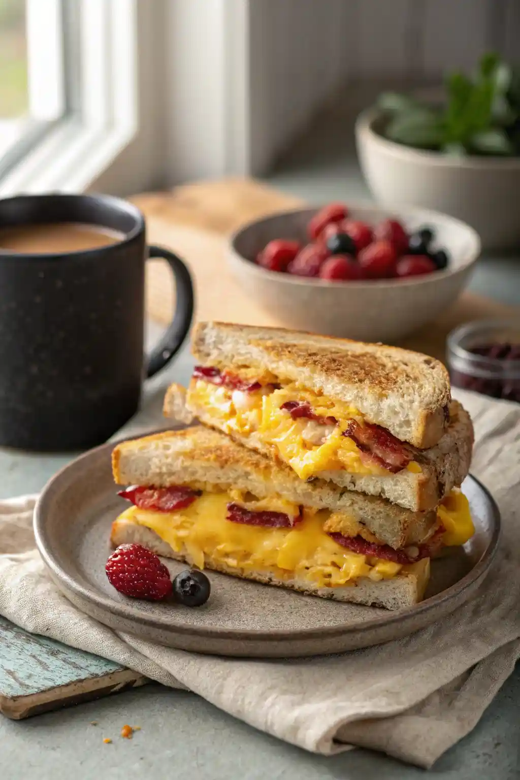 Stacked breakfast grilled cheese sandwich with scrambled eggs, melted cheddar, and crispy bacon on toasted sourdough bread, served with coffee and fresh berries.