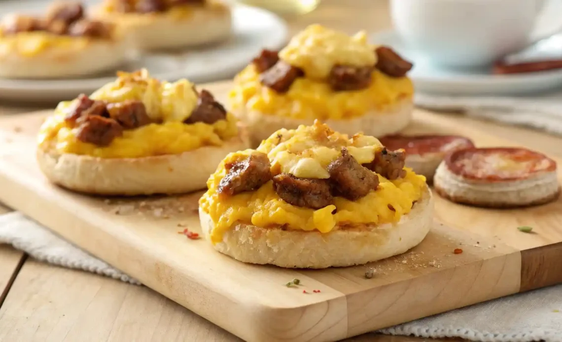 Close-up of breakfast pizza English muffins topped with scrambled eggs, sausage chunks, and shredded cheese on a wooden board with a cozy kitchen background.