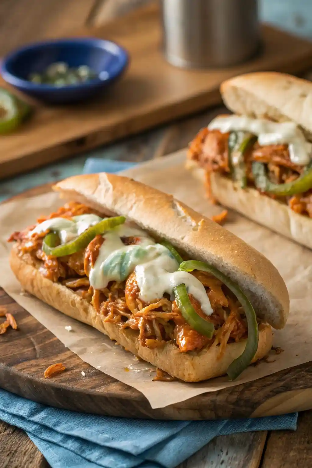 A close-up of a buffalo chicken cheesesteak sandwich topped with sautéed green peppers and ranch dressing on a toasted hoagie roll.