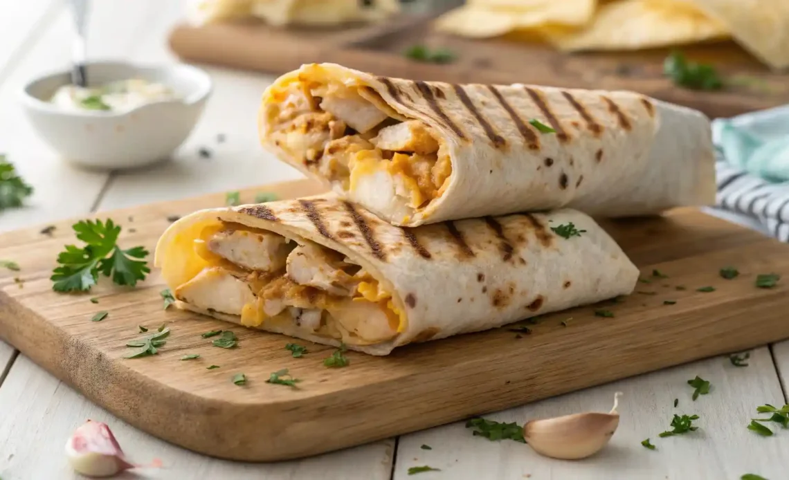 Two cheesy garlic chicken wraps stacked on a wooden board with visible grill marks and garnished with chopped parsley
