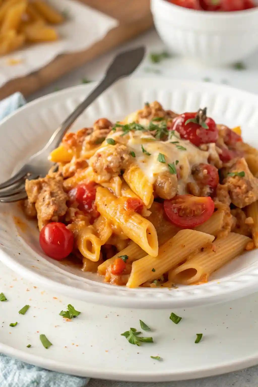 Close-up of cheesy ground turkey pasta with cherry tomatoes and herbs served in a white plate with a fork.