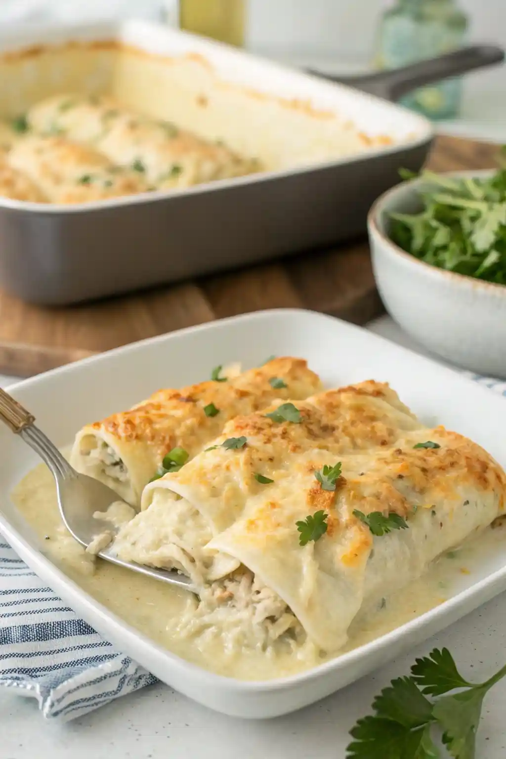 A close-up of two cheesy white chicken enchiladas in a dish, with melted Monterey Jack cheese and chopped herbs on top, and a fork lifting a portion.