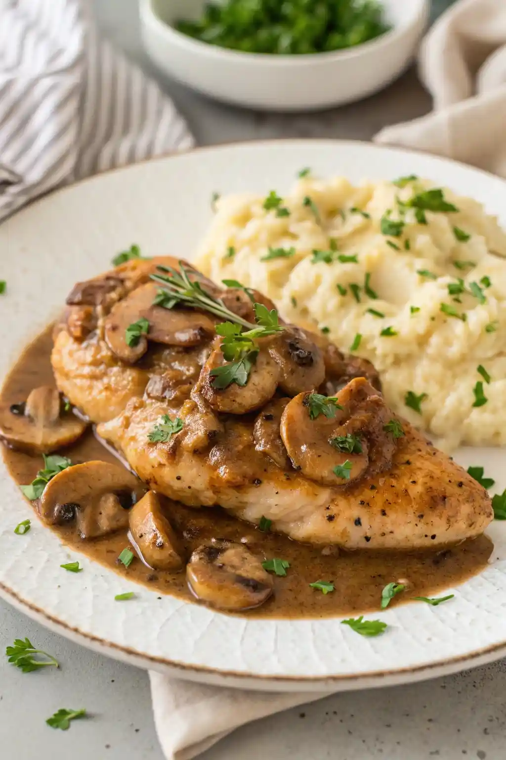 Delicious Chicken Marsala dish served on a white ceramic plate.