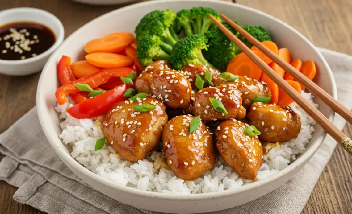 Teriyaki Chicken Rice Bowl with Broccoli and Carrots