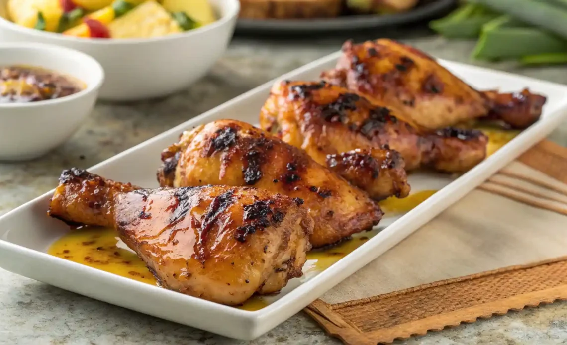 Close-up of grilled huli huli chicken pieces coated in a sweet pineapple-soy glaze, served on a rectangular platter with sauce pooling beneath.