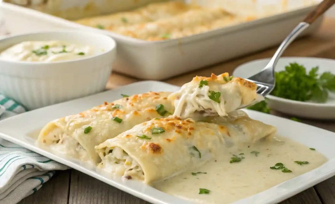 A serving of creamy chicken enchiladas covered in white sauce and garnished with chopped green herbs, with one piece being lifted to show the filling.