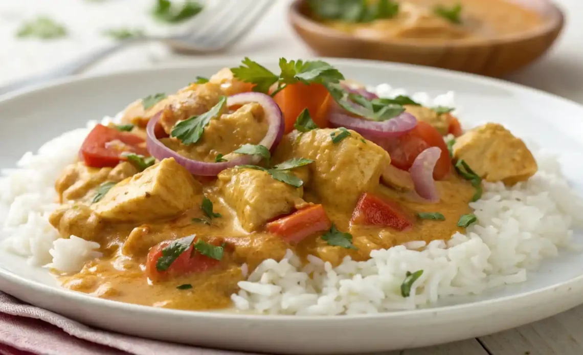 A plate of coconut chicken curry served over fluffy white rice, garnished with fresh herbs and drizzled with creamy curry sauce.