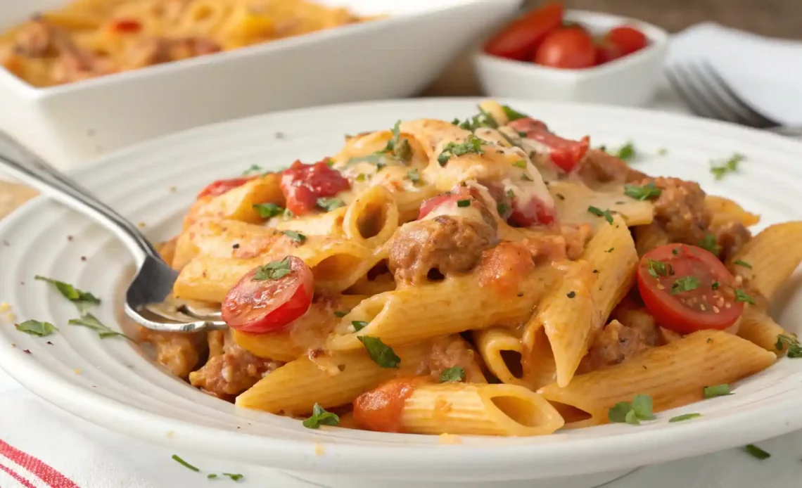Ground turkey pasta with penne, tomato sauce, and melted cheese served on a white plate with a fork.