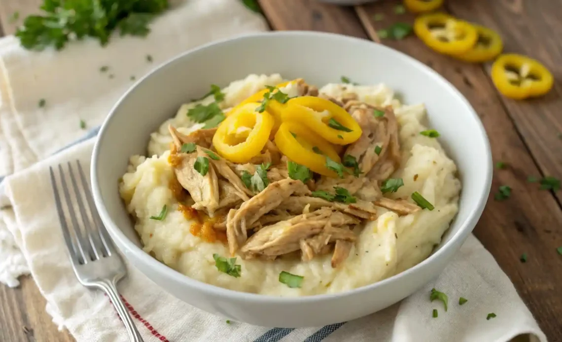 Overhead view of creamy shredded Mississippi Chicken on mashed potatoes, topped with sliced pepperoncini and fresh parsley.