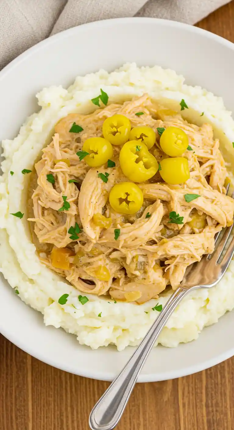 A bowl of creamy mashed potatoes topped with shredded Crockpot Mississippi Chicken and whole pepperoncini peppers, garnished with chopped parsley.

