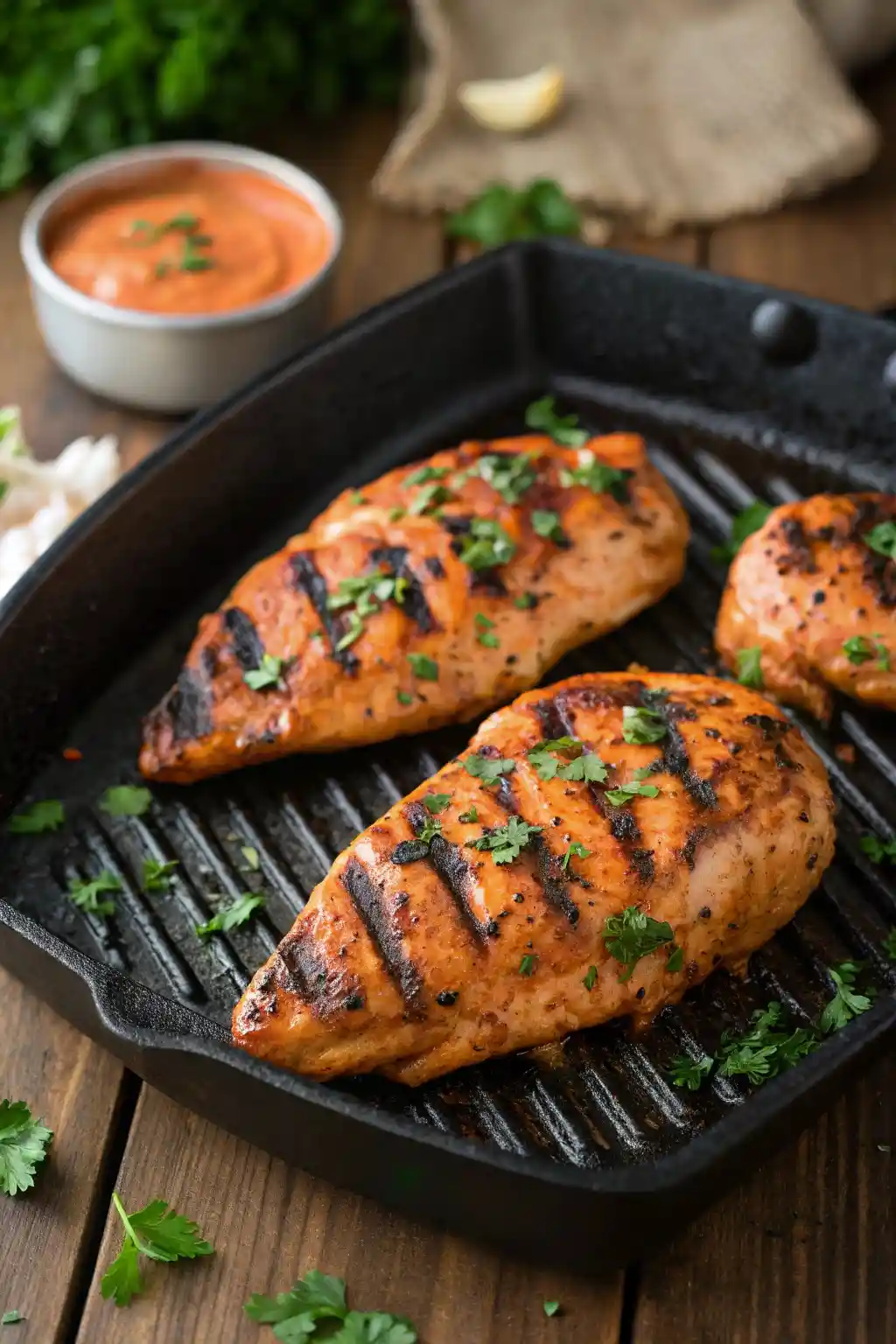 Perfectly grilled chipotle ranch-marinated chicken with char marks, served hot in a black grill pan and topped with fresh herbs.

